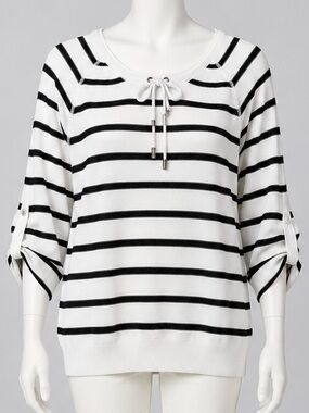 Grace Elements White and Black Striped Lace-Up Dolman Top